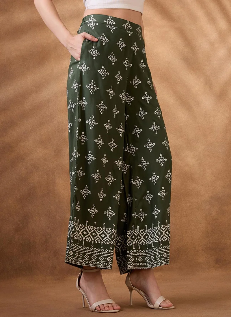 Globus  Globus Women Green Ethnic Print Mid Rise Wide Leg Fusion Pant for Women | Best Price UAE